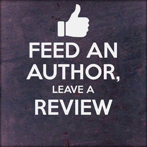 Meme says "Feed and author, leave a review" --on a brown background with a thumb's up.
